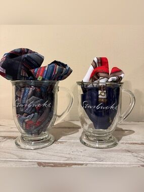 VTG Starbucks Anchor Hocking Clear Glass Footed Bistro Coffee Mugs Cups Set of 2
